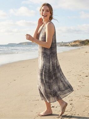 Eileen Fisher Womens Silk Midi Dress Size XS Cream Gray Party Cocktail Travel